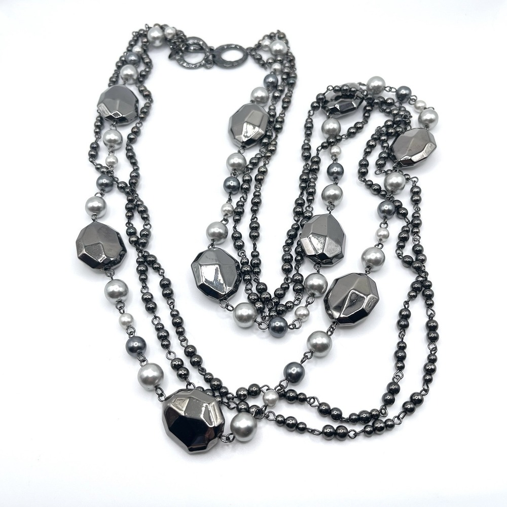 Premier Designs "Moonlight" Multi Strand Necklace Gray Gunmetal Tone 32"